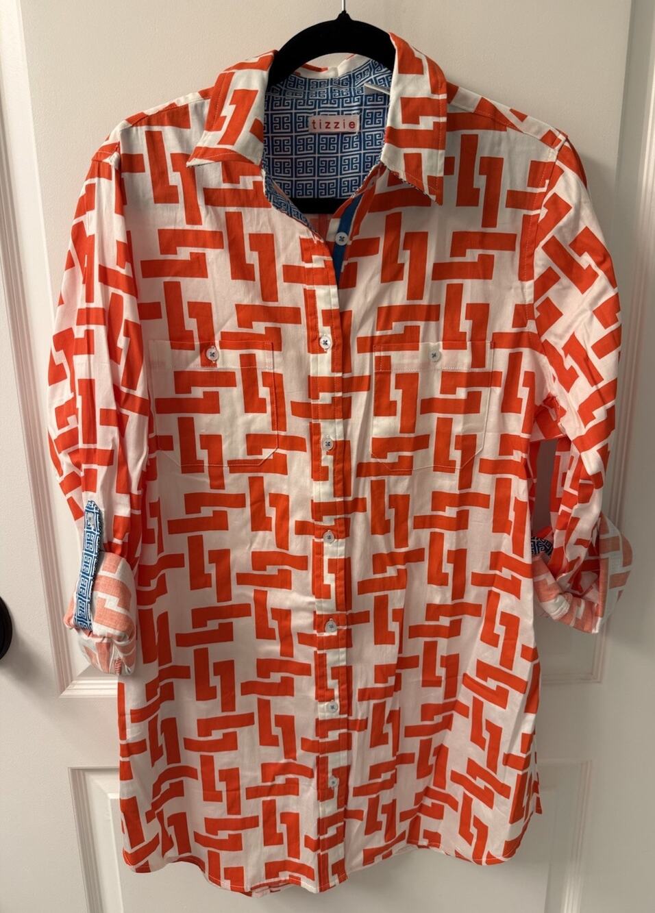 Dizzy Lizzie Tizzie Women’s Orange/White Print Button Up Tunic Top Roll Cuff L